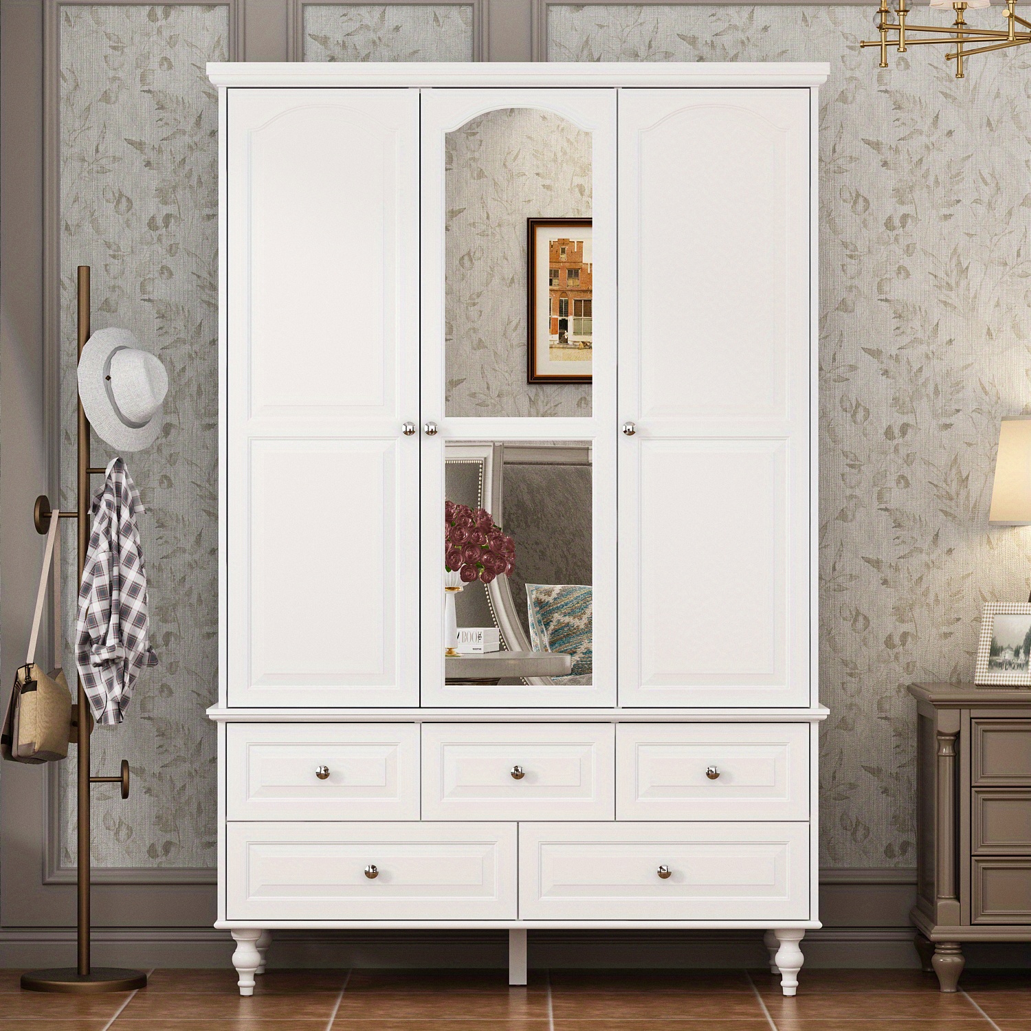 

3-door, 5-drawer With Mirror And Hanging Rod, Modern Closet For Bedroom