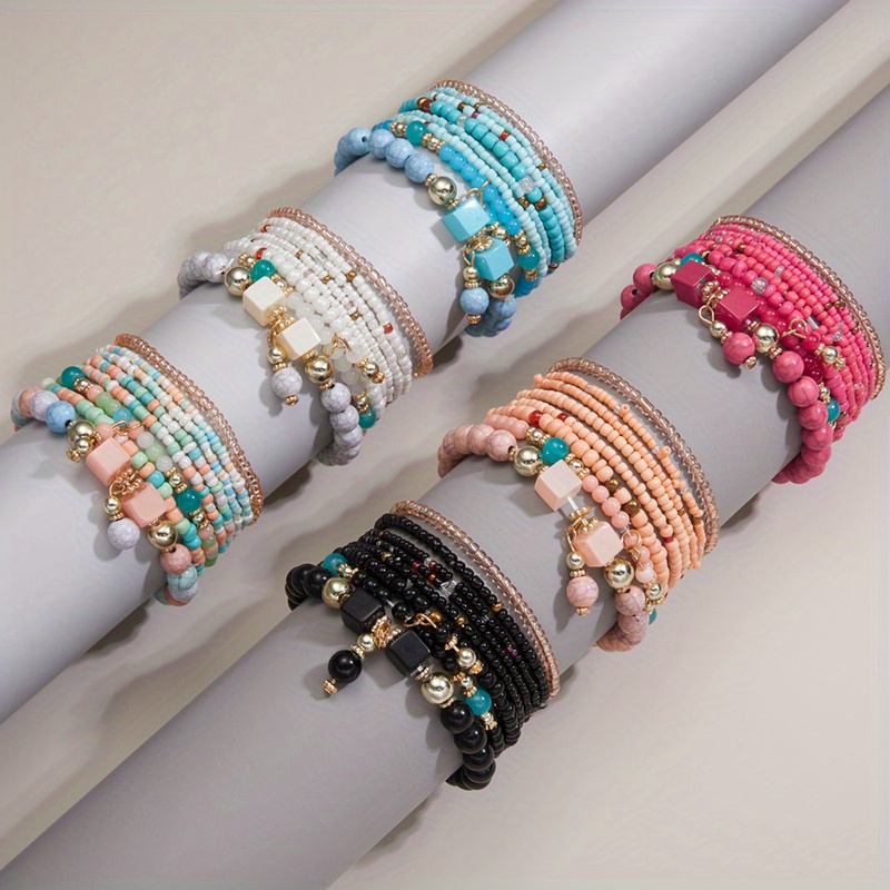 

6sets (total 48pcs) New Fashion Bohemian Bracelet Sets For Women, Multi-color Bohemian Stackable Stretch Natural Stone Beaded Bracelets, Boho Bracelets Jewelry Set For Girls Teen