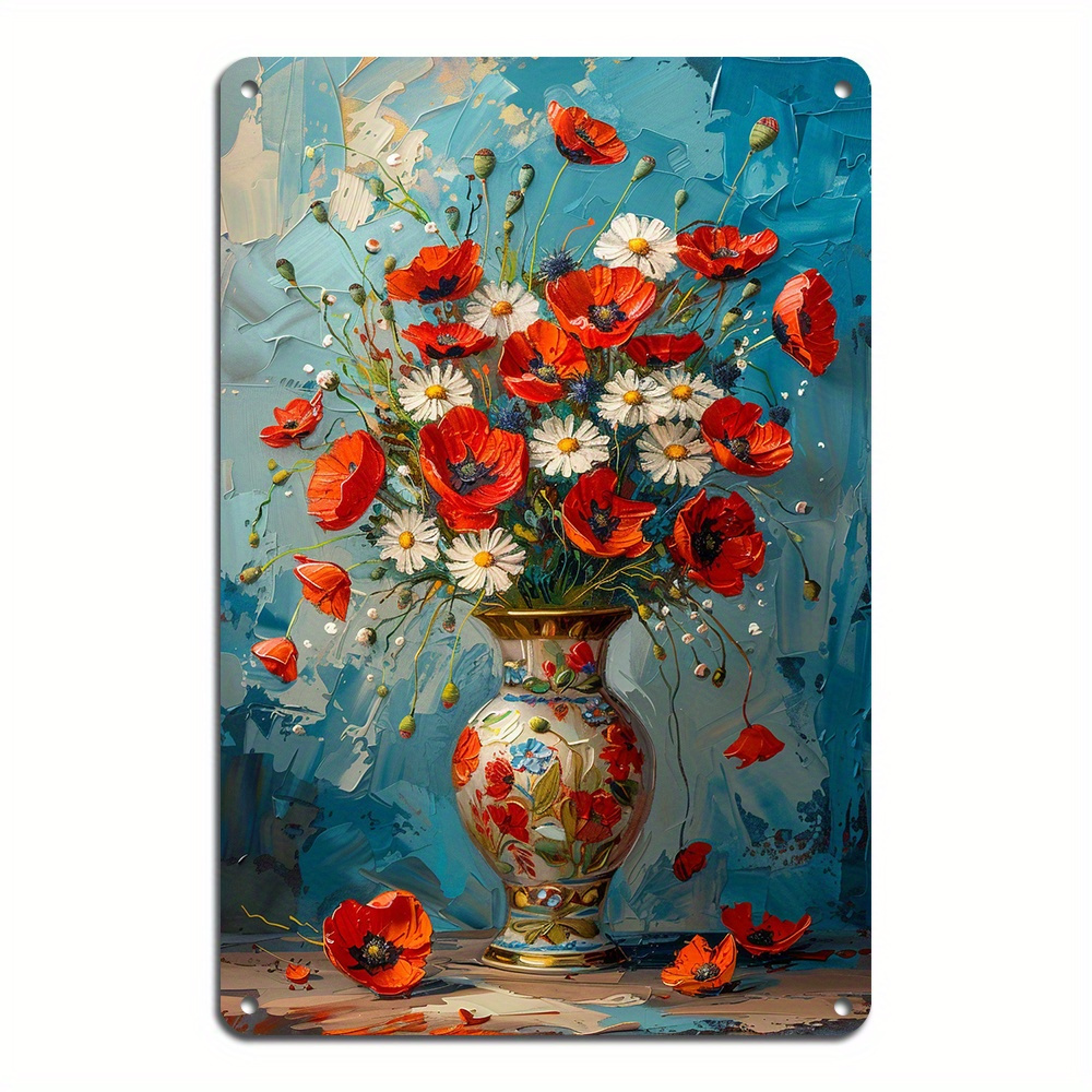 

Décoration murale en aluminium coquelicot rouge et marguerite blanche, plaque vintage en étain pour la maison et le bar, pré-percée, résistante aux intempéries et imperméable (8x12 pouces)