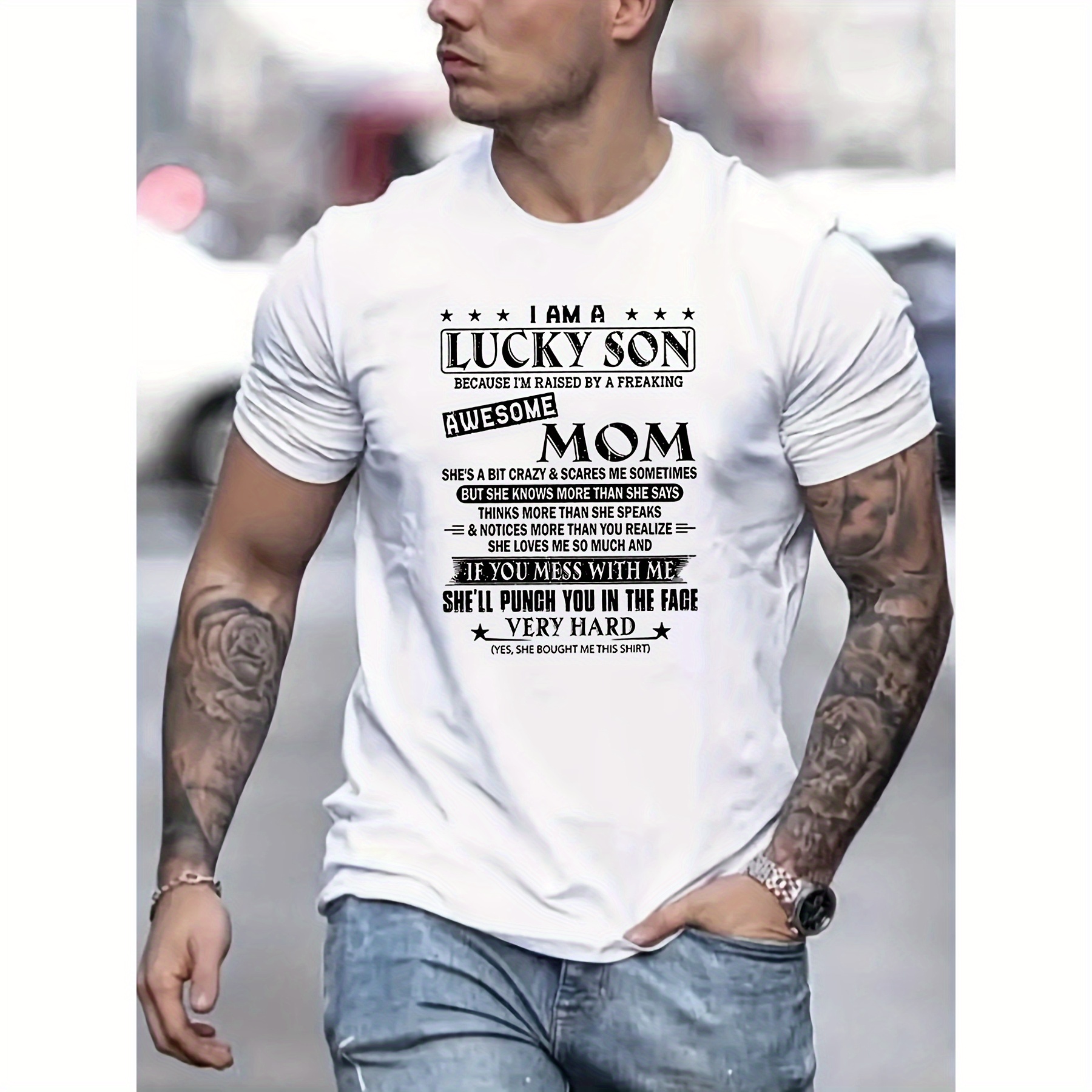 

Raised By An Awesome Mom Print T Shirt, Tees For Men, Casual Short Sleeve Tshirt For Summer