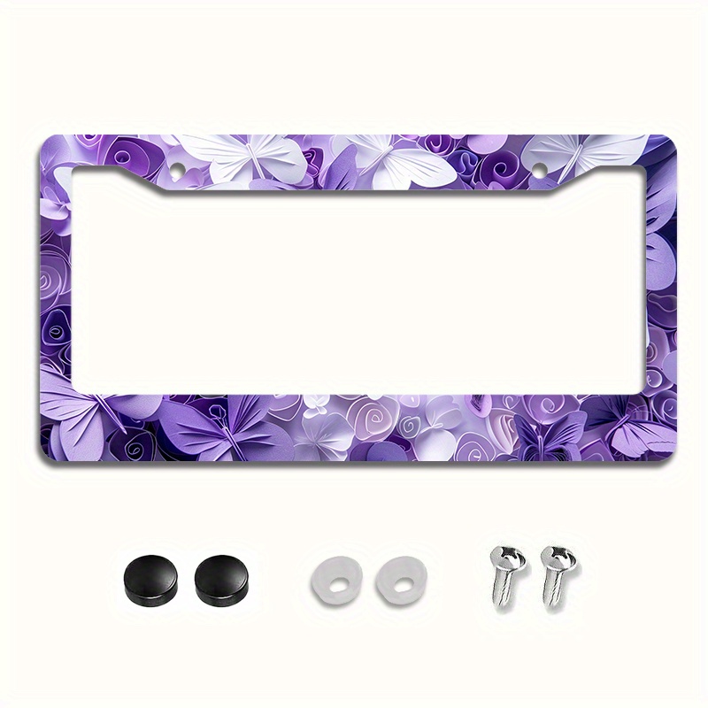 

1pc 6.3x12.2inch(16x31cm) Metal License Plate Frame Cover Purple And Flowers Rear License Plate Frame Novelty License Plates