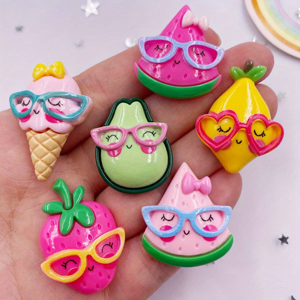6pcs Set Of Colorful Resin Fruit & Ice Cream Charms With Cool Glasses - Avocado, Watermelon, Bow Designs For Diy Scrapbooking And Jewelry Crafting