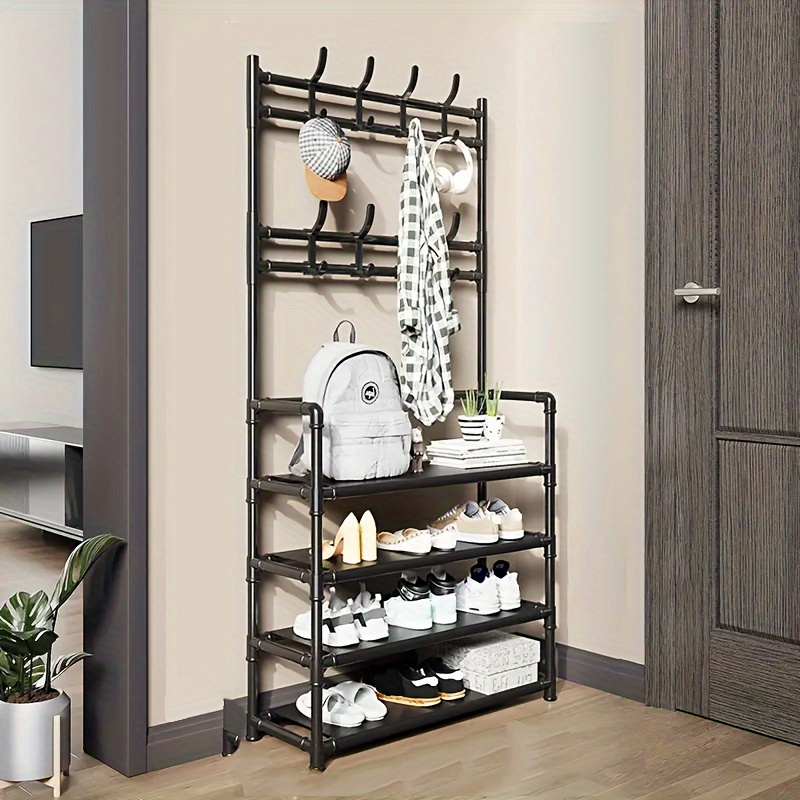 1pc metal shoe rack and coat hanger multi layer easy assembly wall mounted storage organizer for home dorm living room entryway bathroom black white self assembly freestanding no power required capacity 3 2 cubic feet height 27 inches mounted   details 0