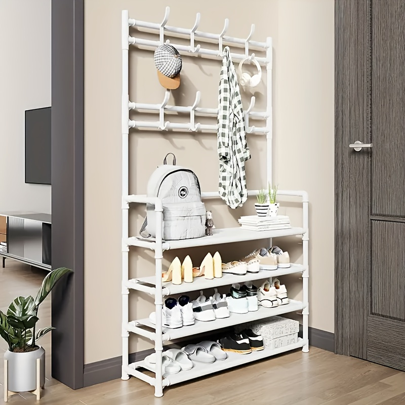 1pc metal shoe rack and coat hanger multi layer easy assembly wall mounted storage organizer for home dorm living room entryway bathroom black white self assembly freestanding no power required capacity 3 2 cubic feet height 27 inches mounted   details 1