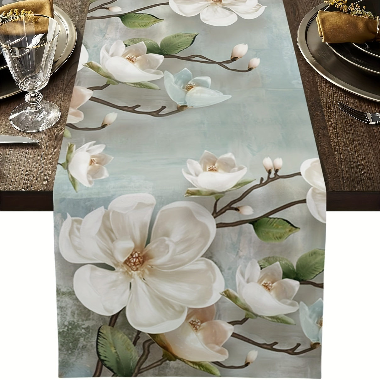 E-shop Tischläufer mit Aquarellblumen, moderner Tischläufer mit Magnolien-Malerei, Schranktuch aus Leinen für Küche, Esszimmer, Tischdeko 13X72 Zoll,