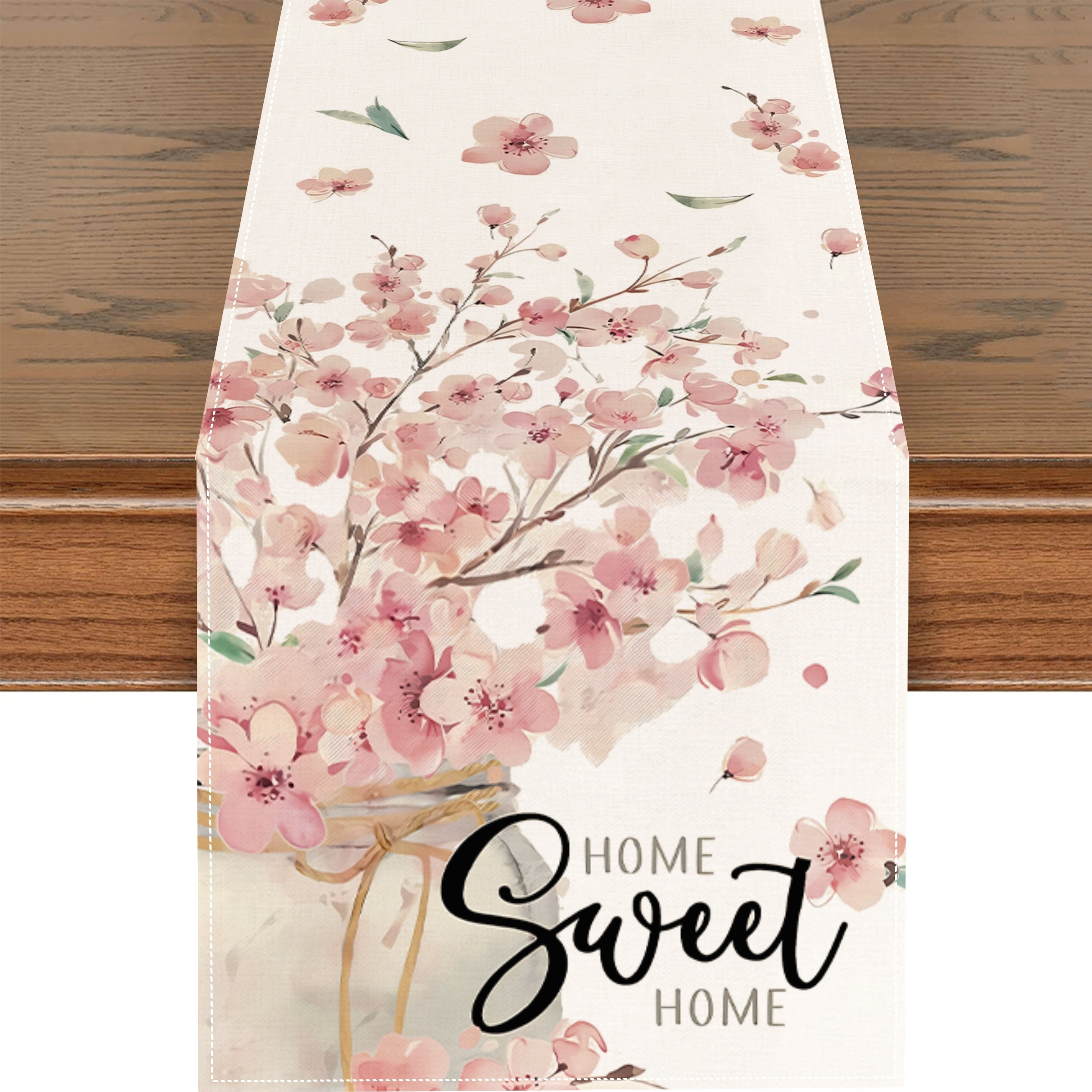 

1pc Elegant Pink Cherry Blossom Table Runner - "" Decor, 13x72 Inch, 100% Polyester, Rectangular Dining & Kitchen Decoration With Rustic Charm