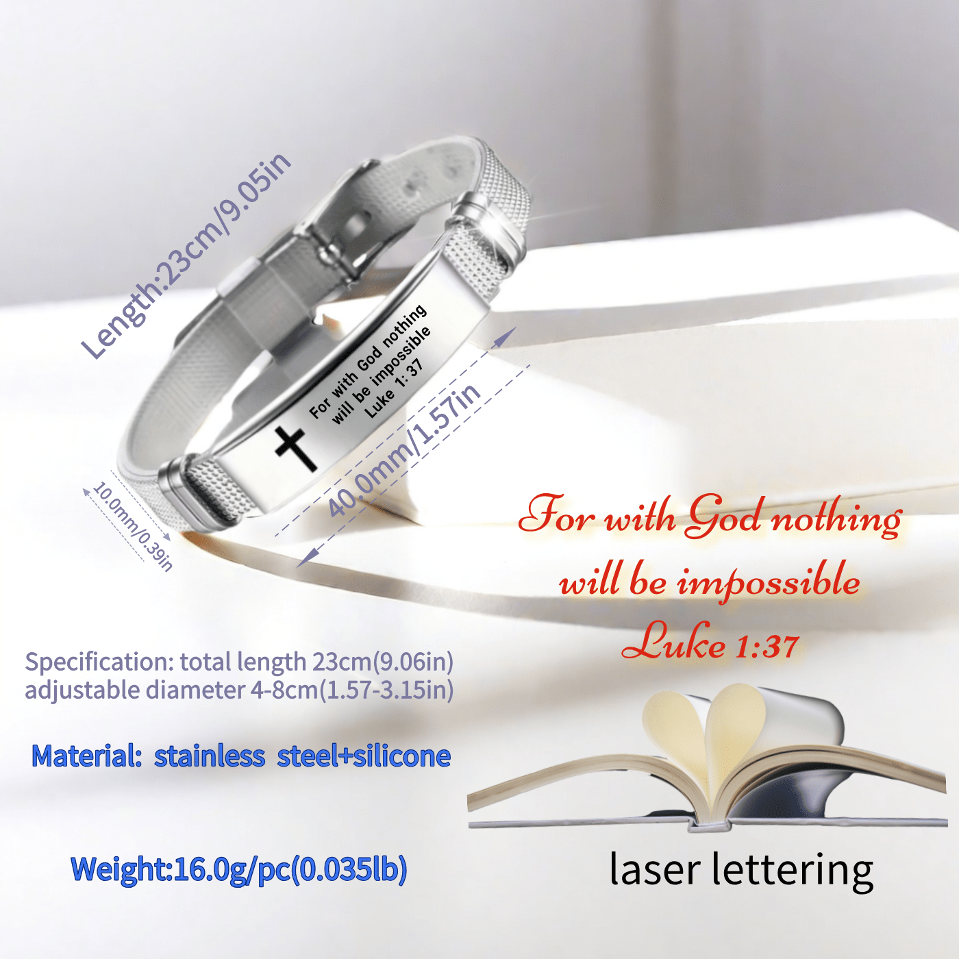 可调节不锈钢硅胶手链，带十字架和 经文“因为在上帝，没有什么是不可能的”路加福音 1:37 - 励志袖口腕带首饰，无电镀 - 休闲风格日常佩戴配饰，送礼佳品 详情 1