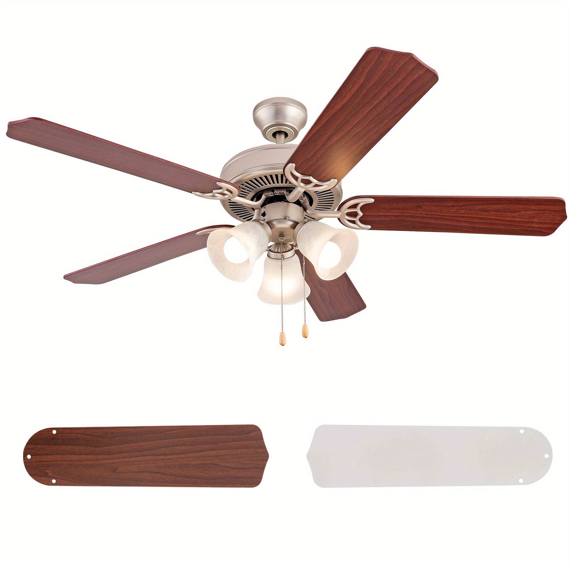 

52" Vintage Indoor Ceiling Fan With 3 Led Lights, Pull Chain Control, Reversible Ac Motor, Walnut/silver Reversible Blades And Satin Nickel Finish