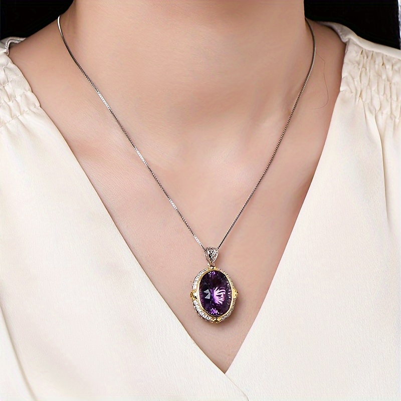 

Elegant Oval Amethyst Pendant Necklace With Sterling Silver Clavicle Chain - Exquisite Design For Casual Attire And Gifting, , , Glam