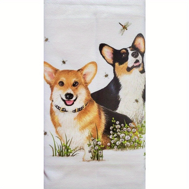 

Contemporary Corgi-themed Woven Polyester Blend Kitchen Dish Towel, Super Soft, Machine Washable, Animal Design Hand Towel For Bathroom Or Kitchen, 18x26 Inches