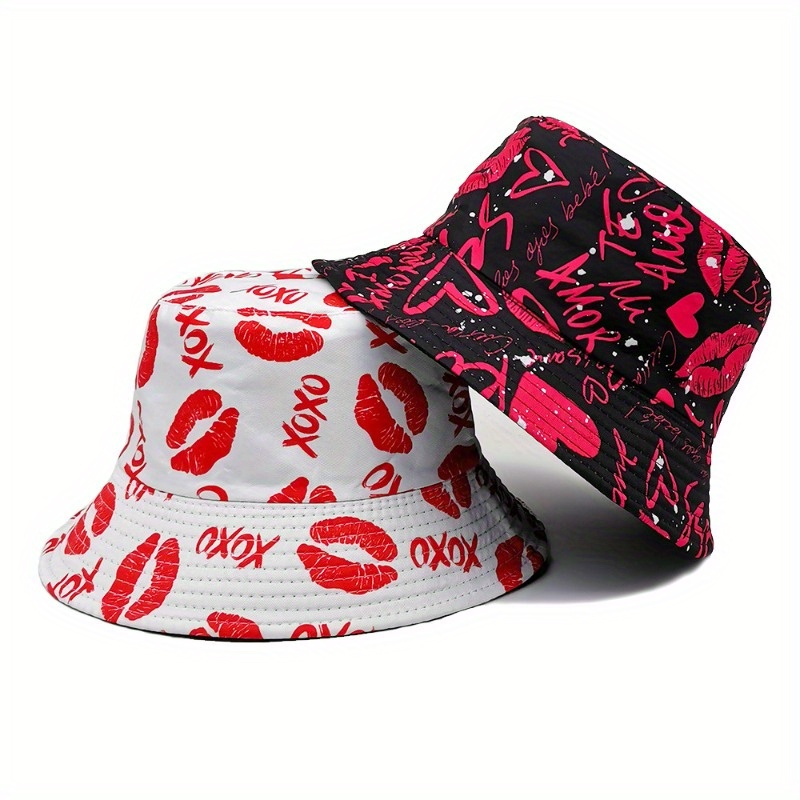 

Festive Lips Print Bucket Hat - Lightweight, Cotton, Non-elastic, Women's Fashion Accessory