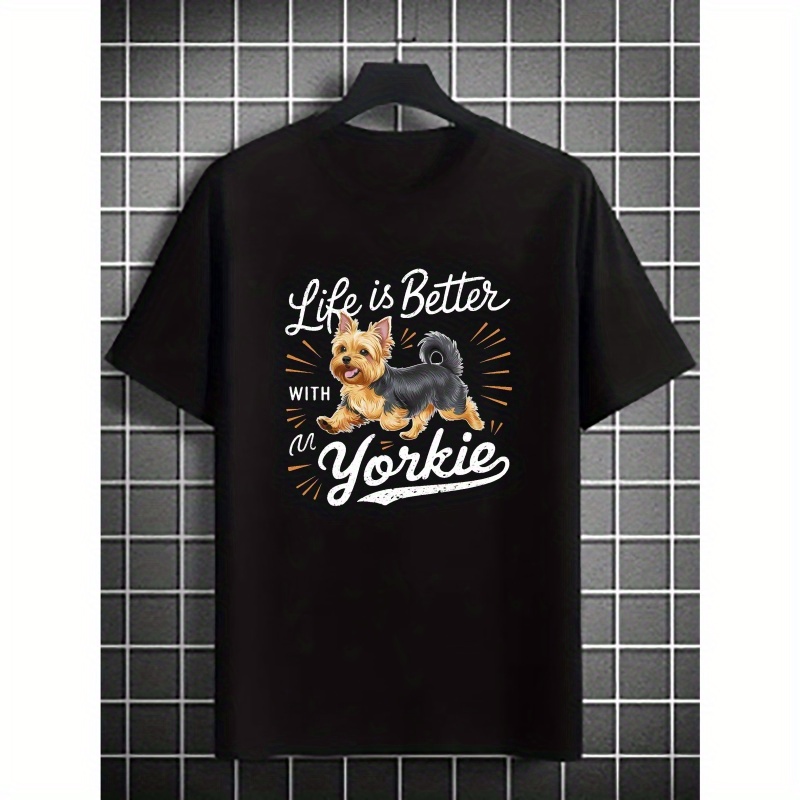 

Plus Size Men's Summer T-shirt, Yorkie Life Graphic Print Short Sleeve Tees, Trendy Casual Tops For Daily Life, Big & Tall