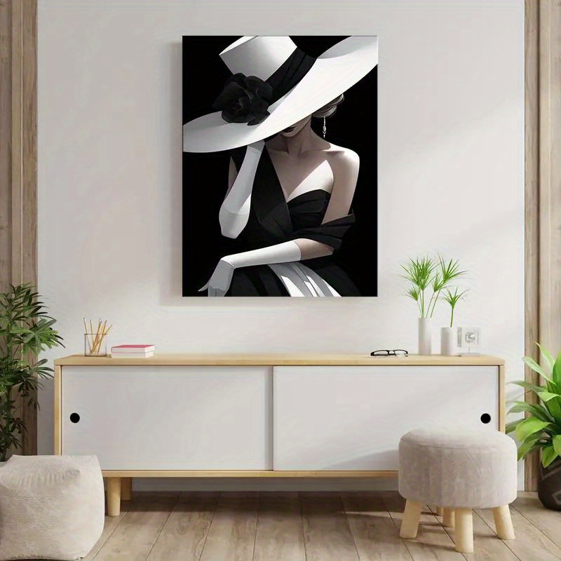 

1 Piece Framed Canvas Poster, Exquisite Art Deco Women Black And White Bowler Hat Painting Canvas Wall Art For Living Room, Office, Bedroom Decoration Canvas Poster Framed Canvas Painting