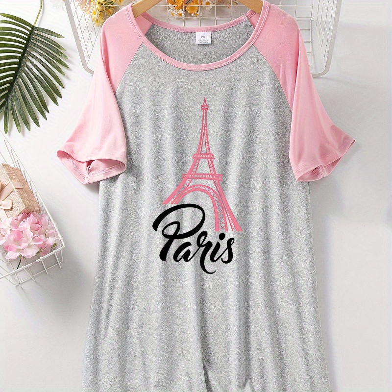 

Women's Plus Size Casual Loungewear Dress With Pink Eiffel Tower Print, Short Raglan Sleeve, Round Neck, Comfort Home Wear