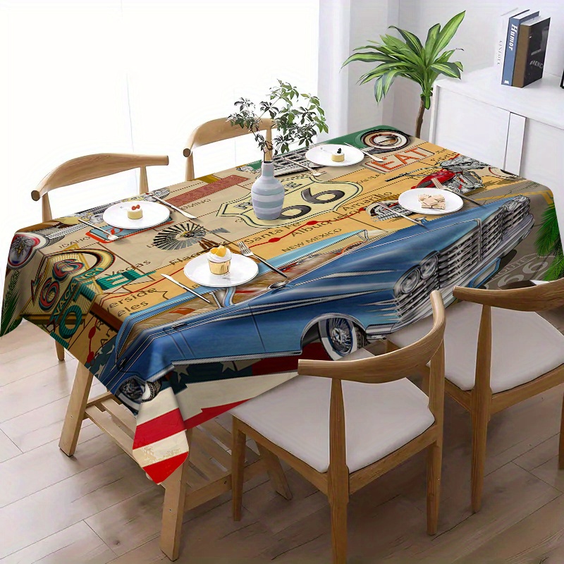 

Vintage Car Route 66 Printed Tablecloth - 100% Polyester, Machine Made Woven Rectangular Table Cover, Oil & Waterproof, Non-slip Kitchen Dining Mat, Easy Clean, 1pc