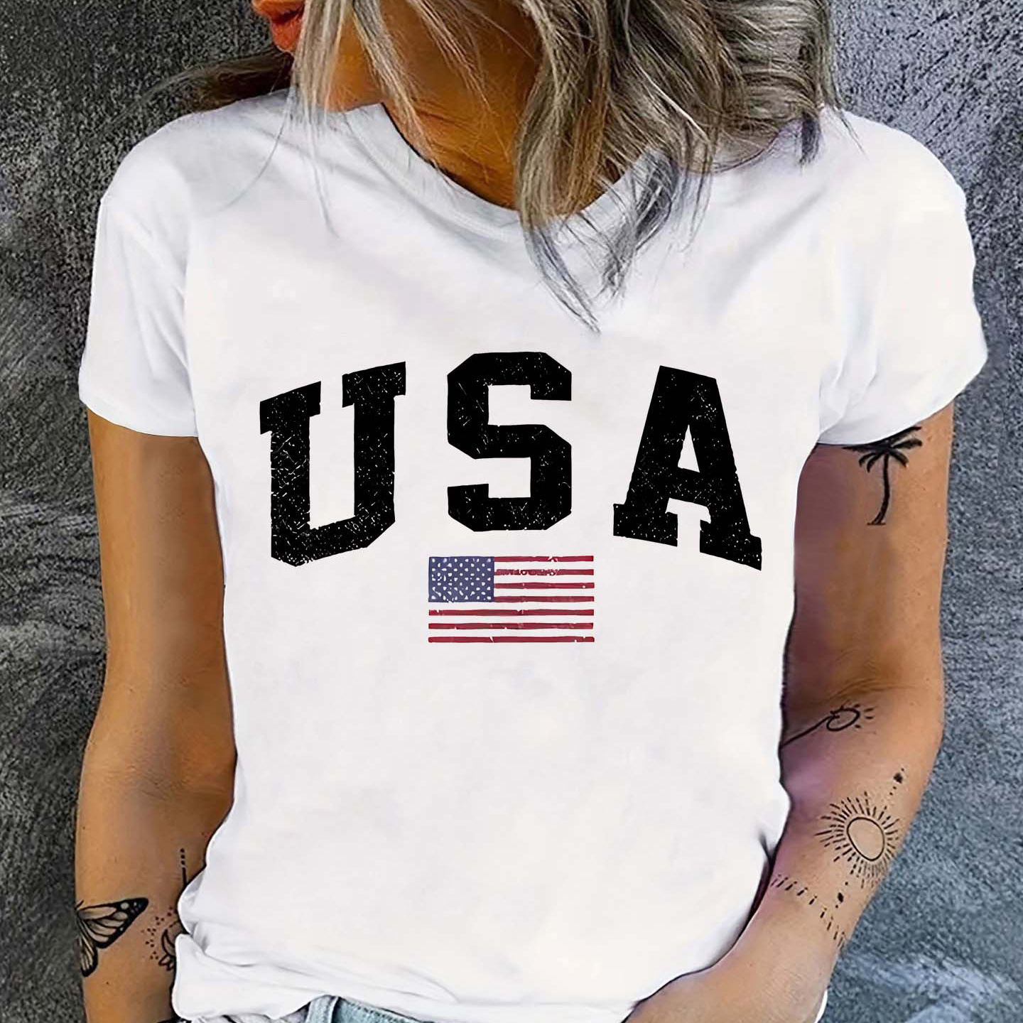 

Usa Print T-shirt, Short Sleeve Crew Neck Casual Top For Summer & Spring, Women's Clothing