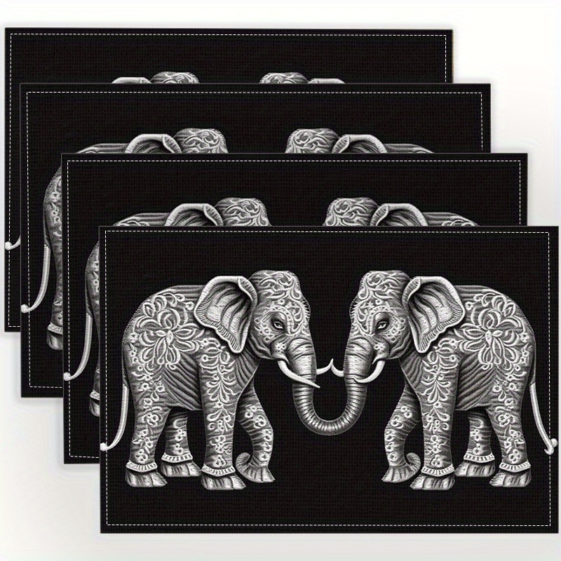 

4-piece Set Elephant Print Linen Placemats - Non-slip, Heat-resistant Table Mats For Dining & Coffee Tables, Machine Washable, Adds Charm To Home Decor