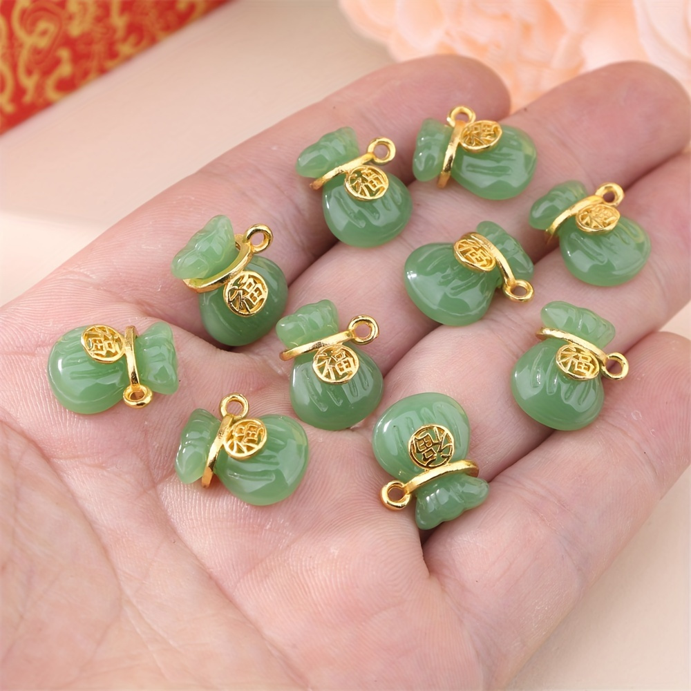 

10pcs Jade Green Artificial Crystal Lucky Fortune Bag Charms With Golden Accents, Diy Handmade Necklace Pendant Jewelry Accessories