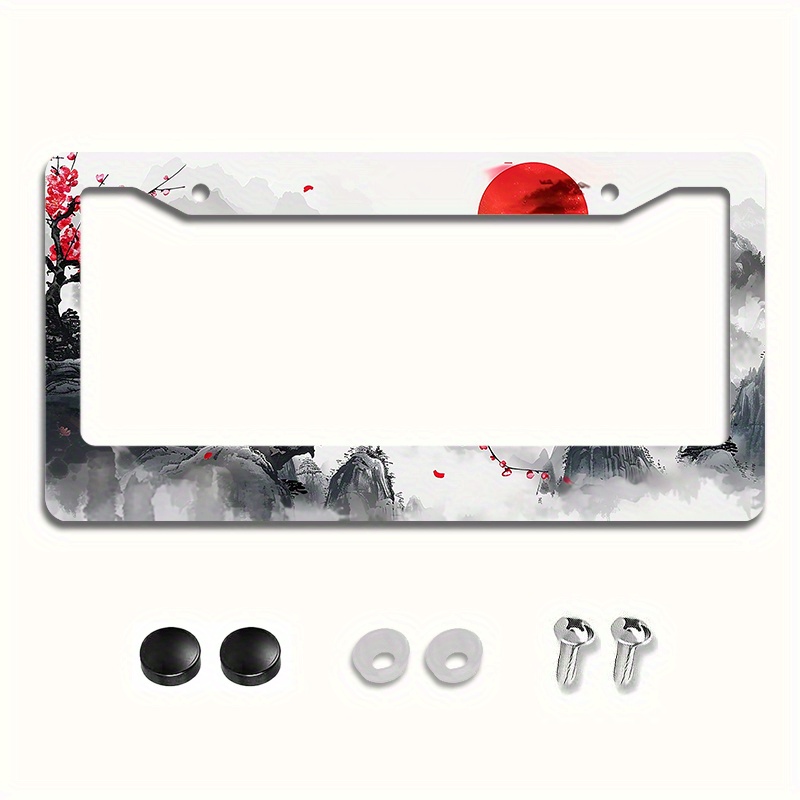 

Ink Mountain & Plum Design Metal License Plate Frame - , Sun & Heat Resistant, Car Decoration - Fits Standard Us & Canada Plates