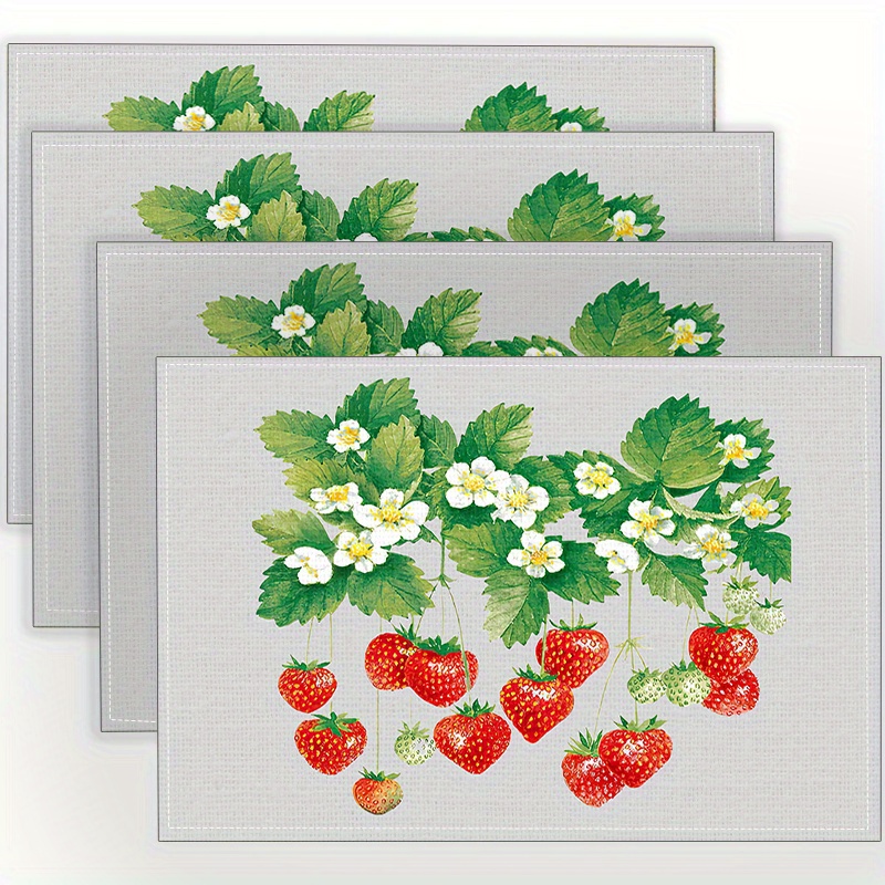 

4-piece Strawberry Printed Linen Placemats Set - Woven 100% Linen Table Mats, Rectangular, Non-slip, Heat Resistant, Machine Washable For Dining Room And Kitchen Decor