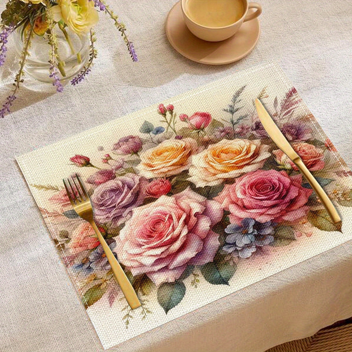 

4pcs Elegant Floral Linen Placemats - Heat-resistant, Square Dining Table Mats With Vibrant , Machine Washable For Decor