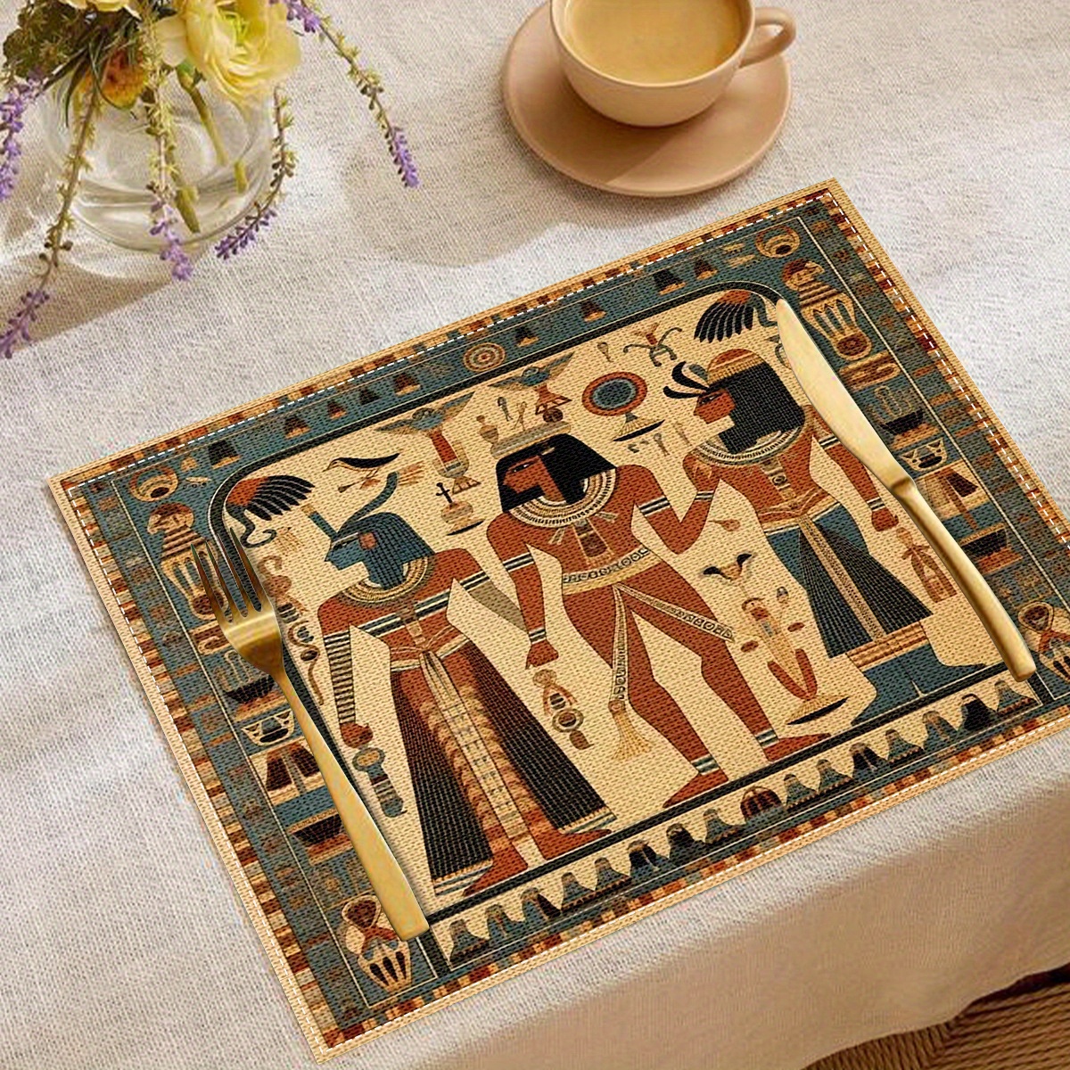 

Egyptian Themed Placemats 4pcs Set, Woven Linen 100% Square Mats, Exotic Decorative Heat-resistant Table Pad For Dining, Machine Washable