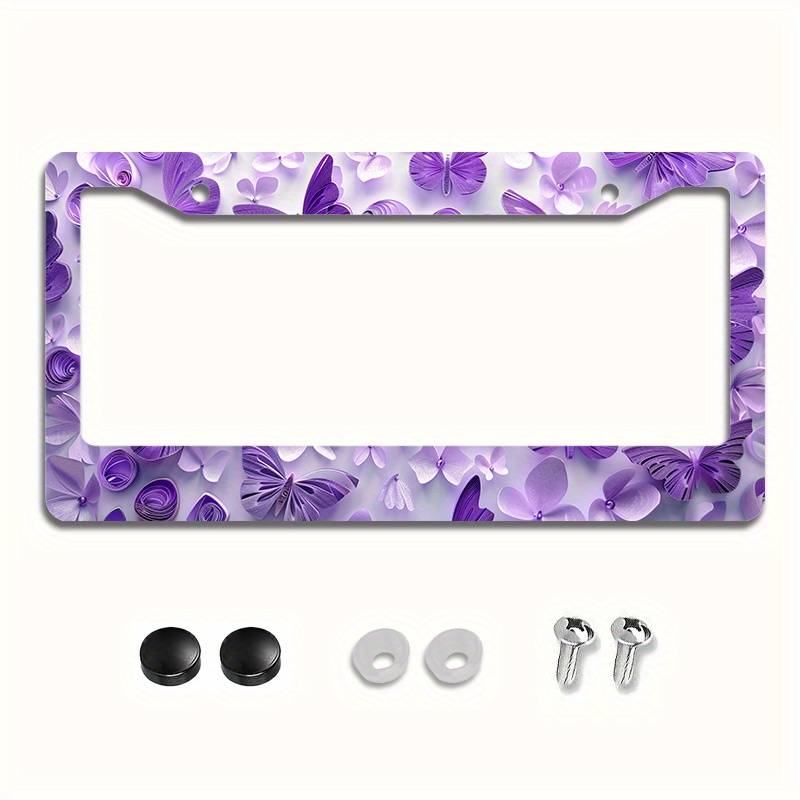 

Purple Butterfly Metal License Plate Frame - 6.3x12.2" Durable, Rust-proof Car Accessory With Easy Install Kit