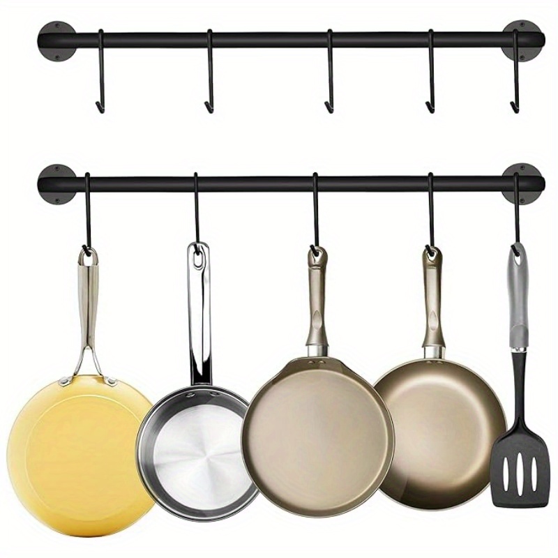 

Porte-ustensiles de cuisine mural - Support de suspension pour casseroles et poêles en métal avec 5 crochets en S, Solution de rangement en acier revêtu de poudre