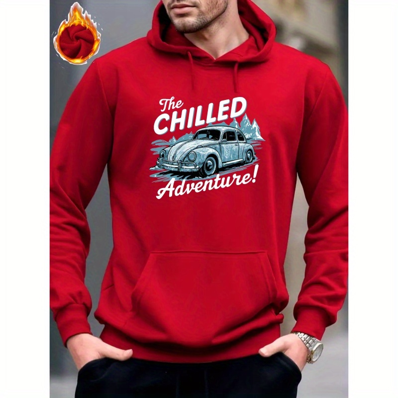

Men's Cozy Fleece Hoodie With Vintage Car Print - Casual Pullover Sweatshirt For Fall & Winter, Kangaroo Pocket, Long Sleeve