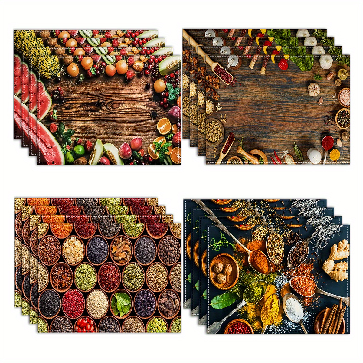 

4pcs Set Vintage Wood Grain Linen Placemats - Rustic Farmhouse Kitchen Decor, Seasonal Vegetable & For Dining, Weddings, Parties