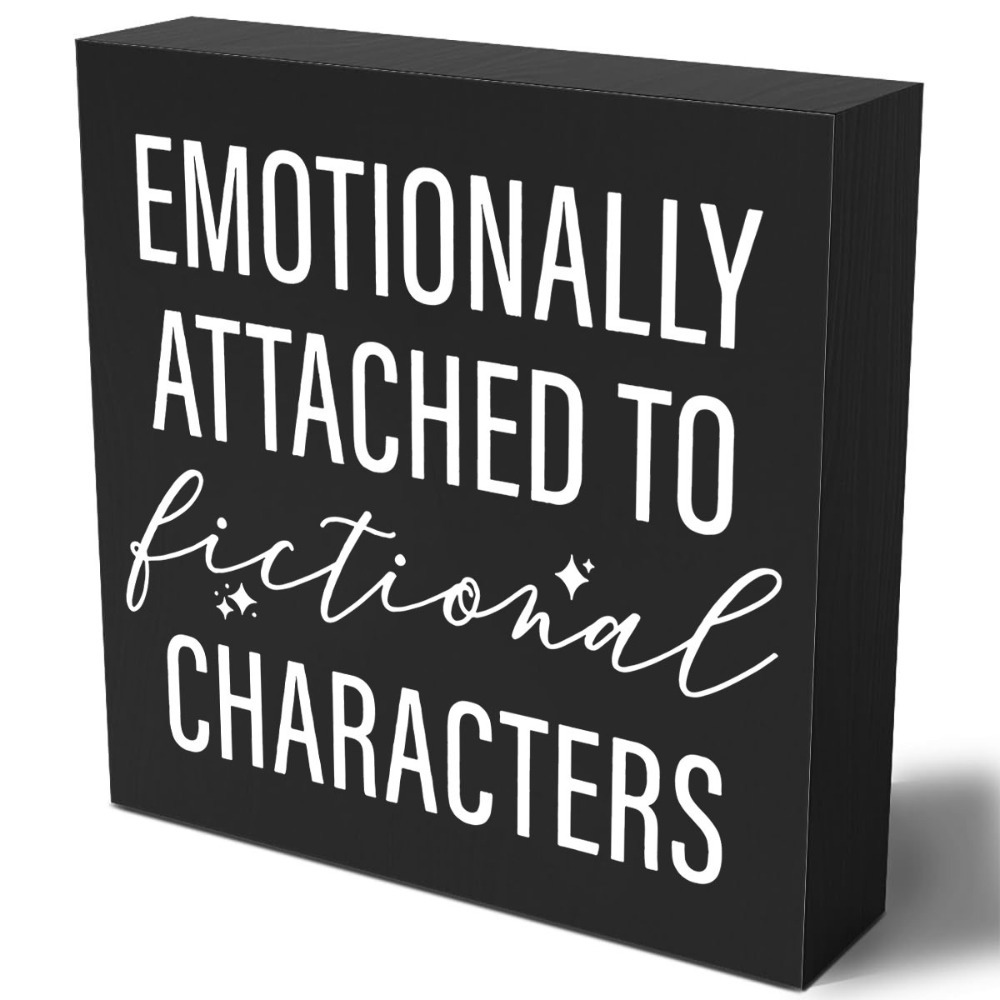 TEMU 1pc "emotionally Attached To Fictional Characters" Wooden - Rustic Black And White Desk Decor, Humorous Plaque For Home, Office, Living Room