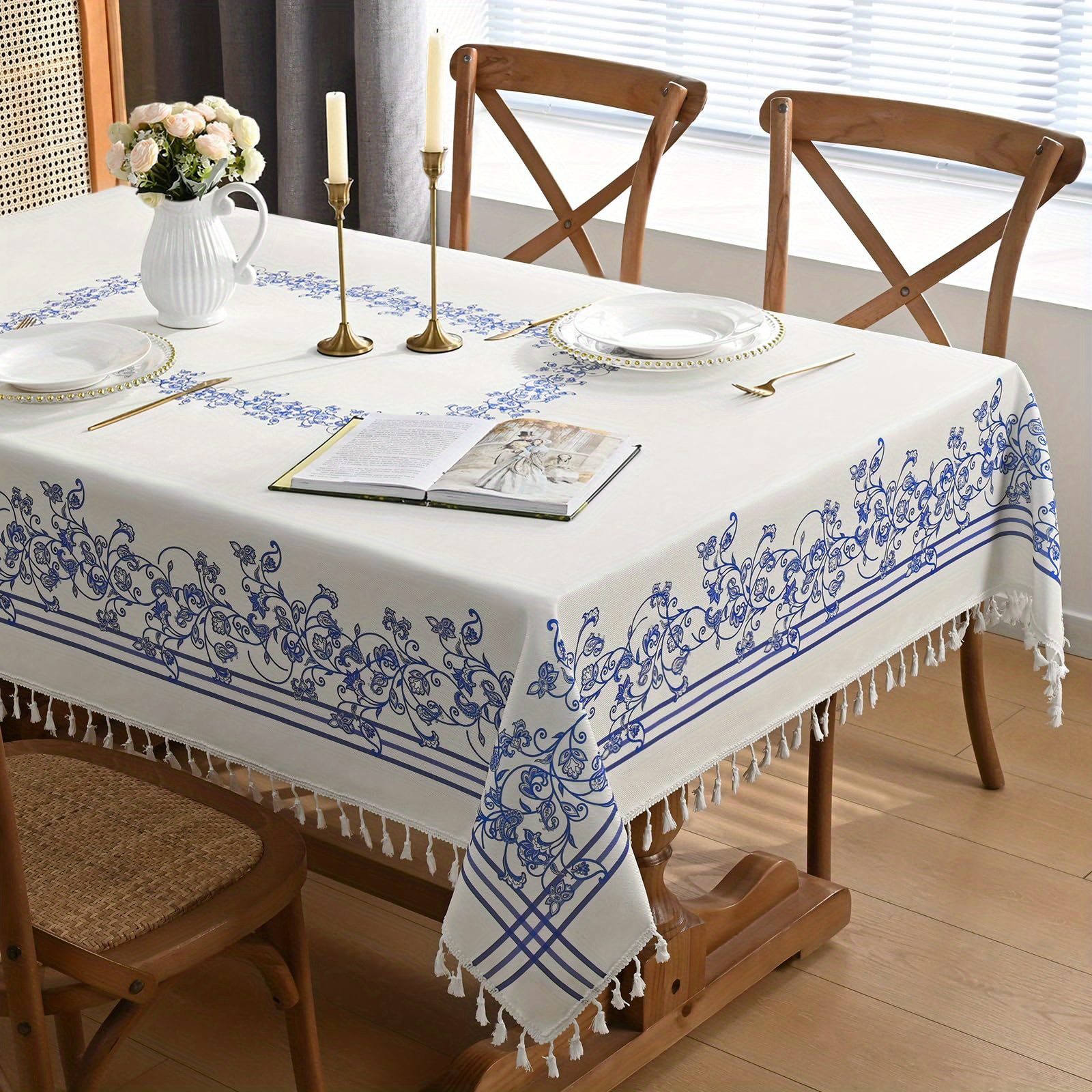 

1pc Table Cloth Rectangle Table, Polyester Fibre, Blue Paisley Floral Tablecloth Waterproof Stain Resistant Tablecloth, Linen Wrinkle Free Tablecloth Washable Dining Table Cover With Tassel.