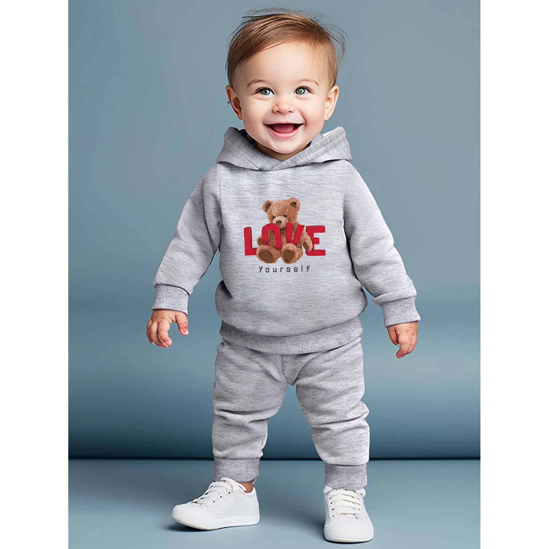 

Bear Graphic And Love Yourself Print Baby Boy's 2pcs Comfy Hooded Sweatshirt & Simple Trousers Set, Perfect For Fall & Winter Everyday Life