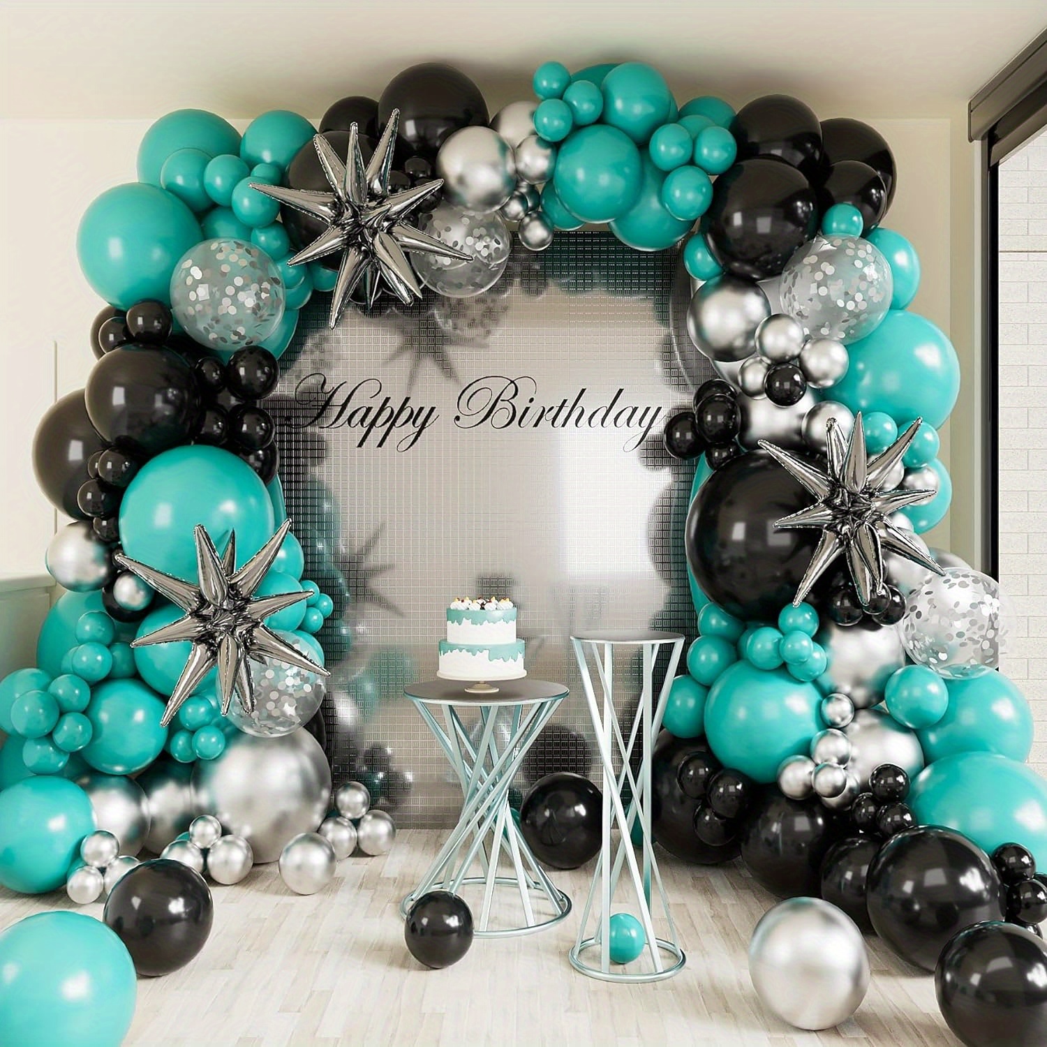 

146pcs Teal, Black & Silver Balloon Arch Garland Kit – Aluminum Film & Latex Balloons For Birthdays, Graduations, Weddings – 14+ Years, No Electricity Needed, Versatile Indoor & Outdoor Decor