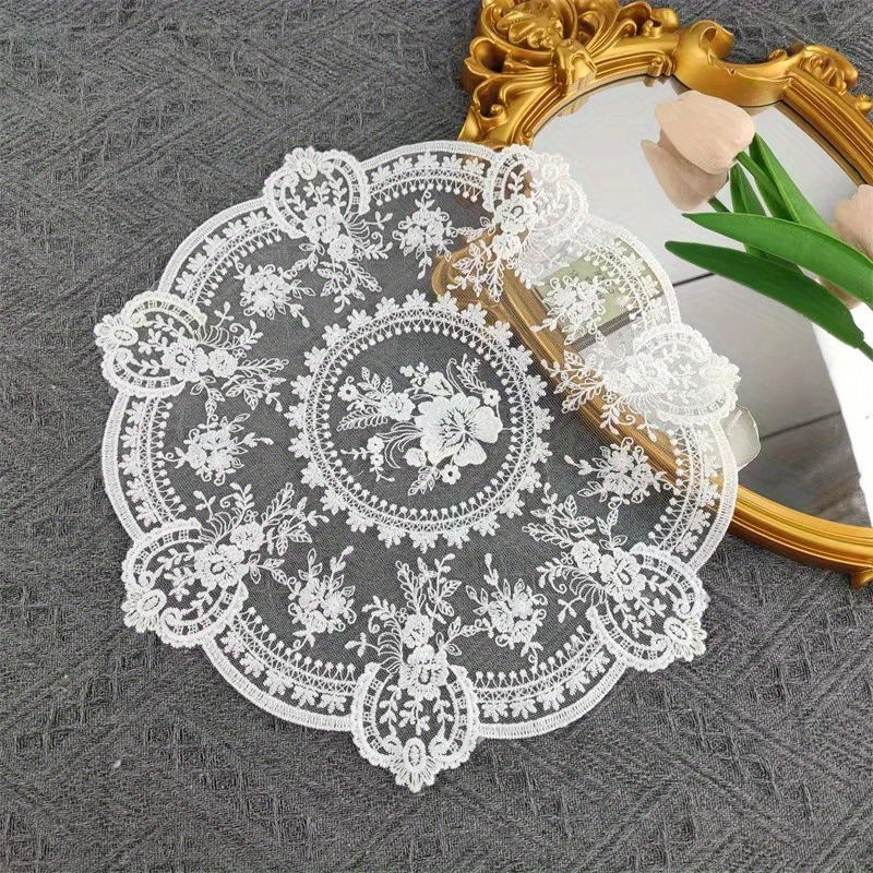TEMU Country Style Lace Embroidered Table Mat 1pc White Lace Embroidered - Vintage Crochet Floral Hollow Out Fabric Anti-scalding Table Mat - Perfect