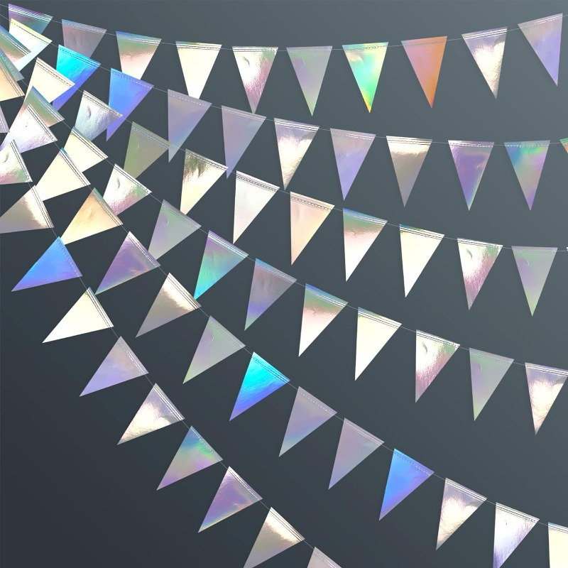 

3m Iridescent Party Decorations Holographic Hanging Triangle Pennant Banner Flag Bunting Garland For Graduation Birthday Anniversary Engagement Wedding Bridal Disco Party Supplies