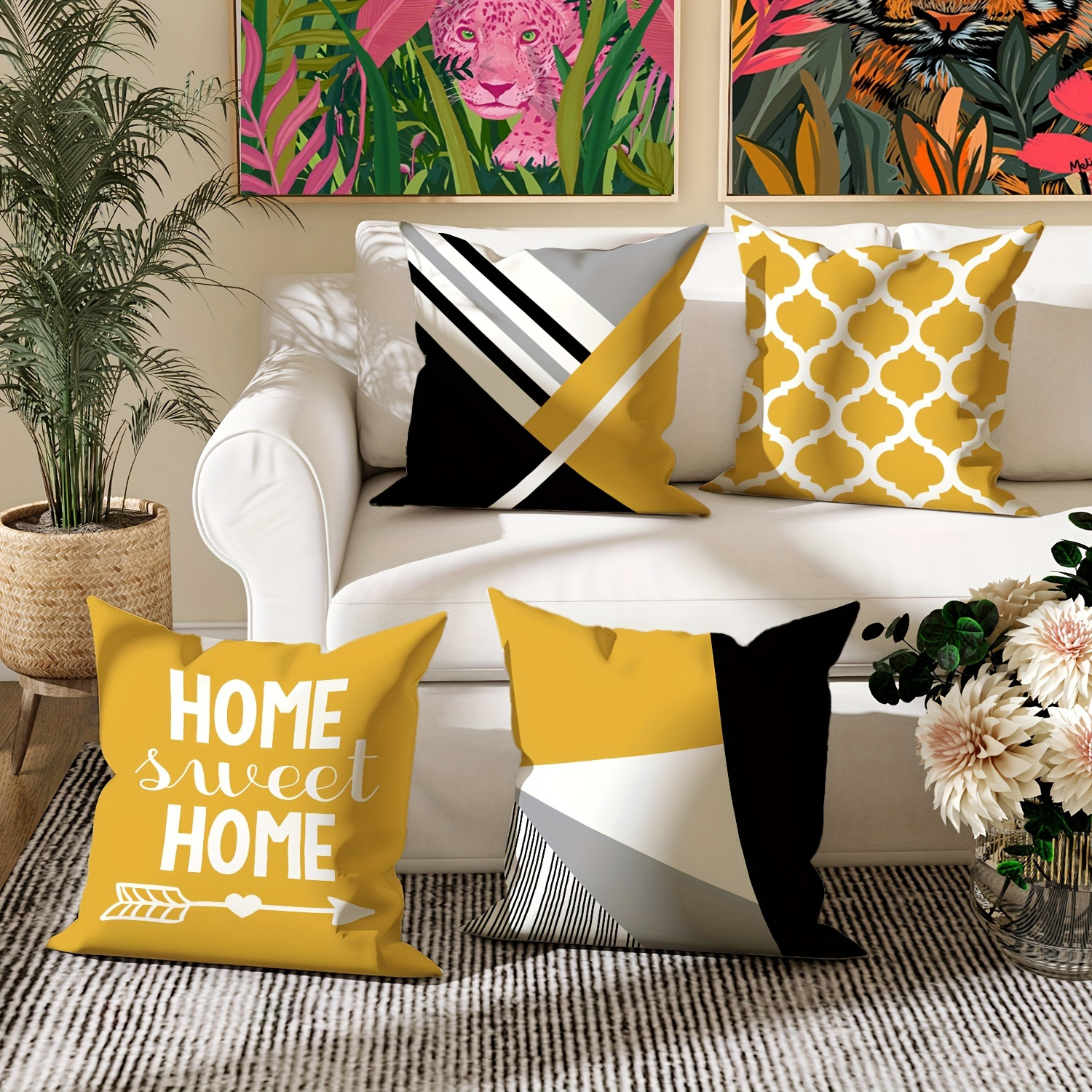 

4pcs Set Mustard Yellow Geometric Throw Pillow Covers, 18x18 Inch - Modern Minimalist Polyester Cushion Cases With Zipper Closure For Living Room & Bedroom Decor