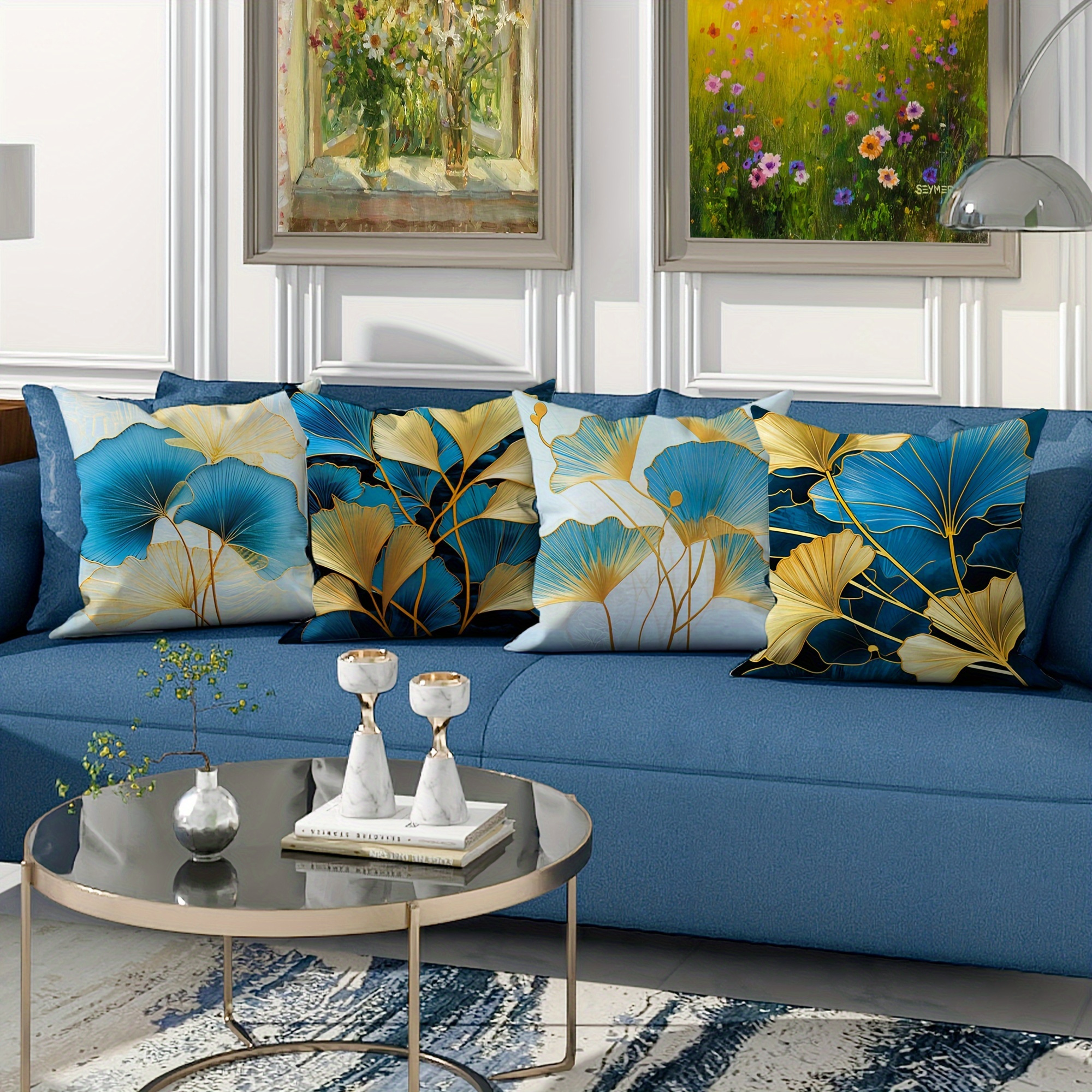 

4-piece Set Turquoise & Golden Ginkgo Leaf Throw Pillow Covers - Soft Polyester, Zip Closure, Machine Washable - Perfect For Living Room, Bedroom, And Sofa Decor, 18x18 Inches