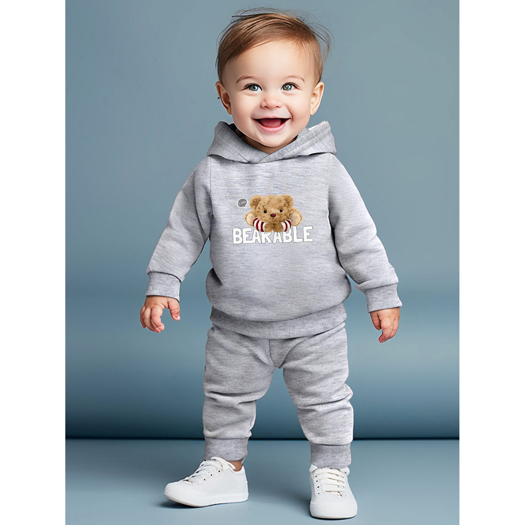 

Lying Cute Bear And Bearable Words Print Baby Boy's 2pcs Comfy Hooded Sweatshirt & Simple Trousers Set, Perfect For Fall & Winter Everyday Life