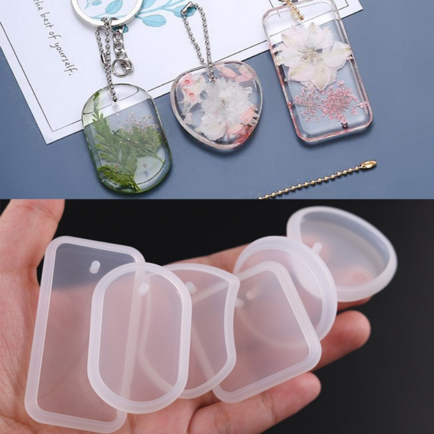 6pcs DIY Keychain Pendant Silicone Mold Set Crystal Epoxy Resin Mold Round Rectangle Pendants Jewelry Making Casting Mould Resin Casting Molds