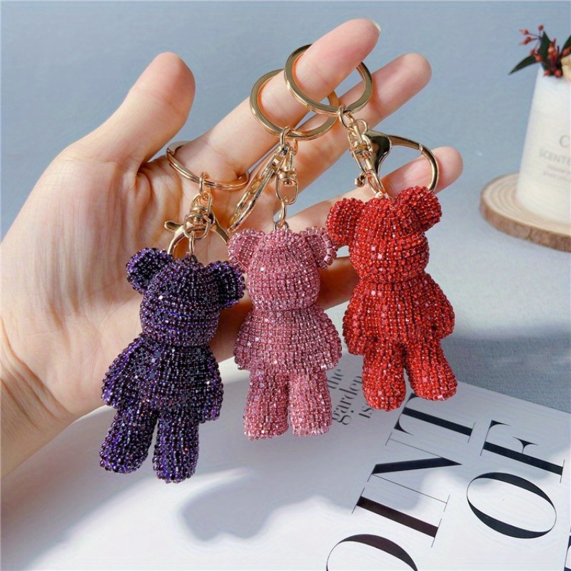 

Sparkling Rhinestone Bear Keychain - Cute Cartoon Doll Charm For Bags & Cars, Lobster Clasp, Alloy Fashion Accessory For Women