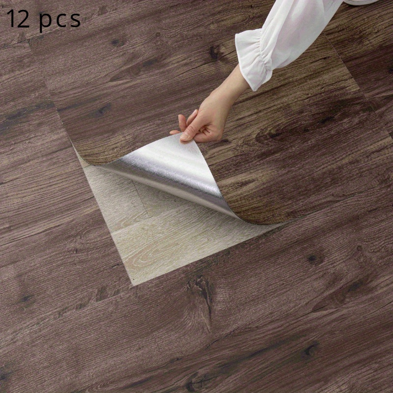 Image of 12pcs Wood Grain Floor Tiles, 11.8x11.8in - Waterproof Vinyl Flooring Rolls, Self-adhesive For Diy Home Decor In Living Room & Bedroom