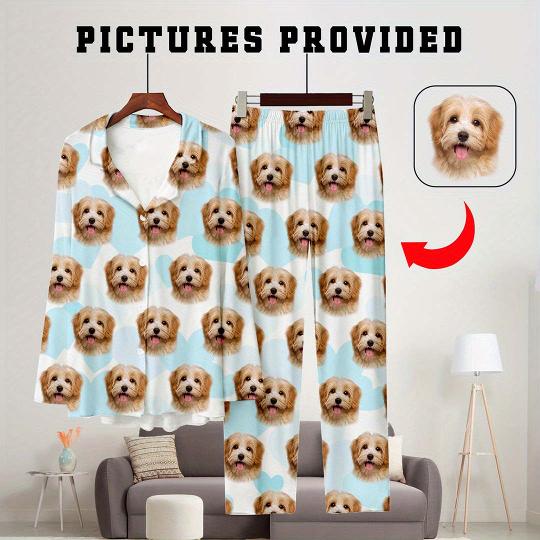 

Custom 3d Photo Pajama Set For Men - Personalized Pet & Design, Cozy Long Sleeve Sleepwear With Lapel Collar, Soft Polyester - Perfect Gift For Husband Or Boyfriend