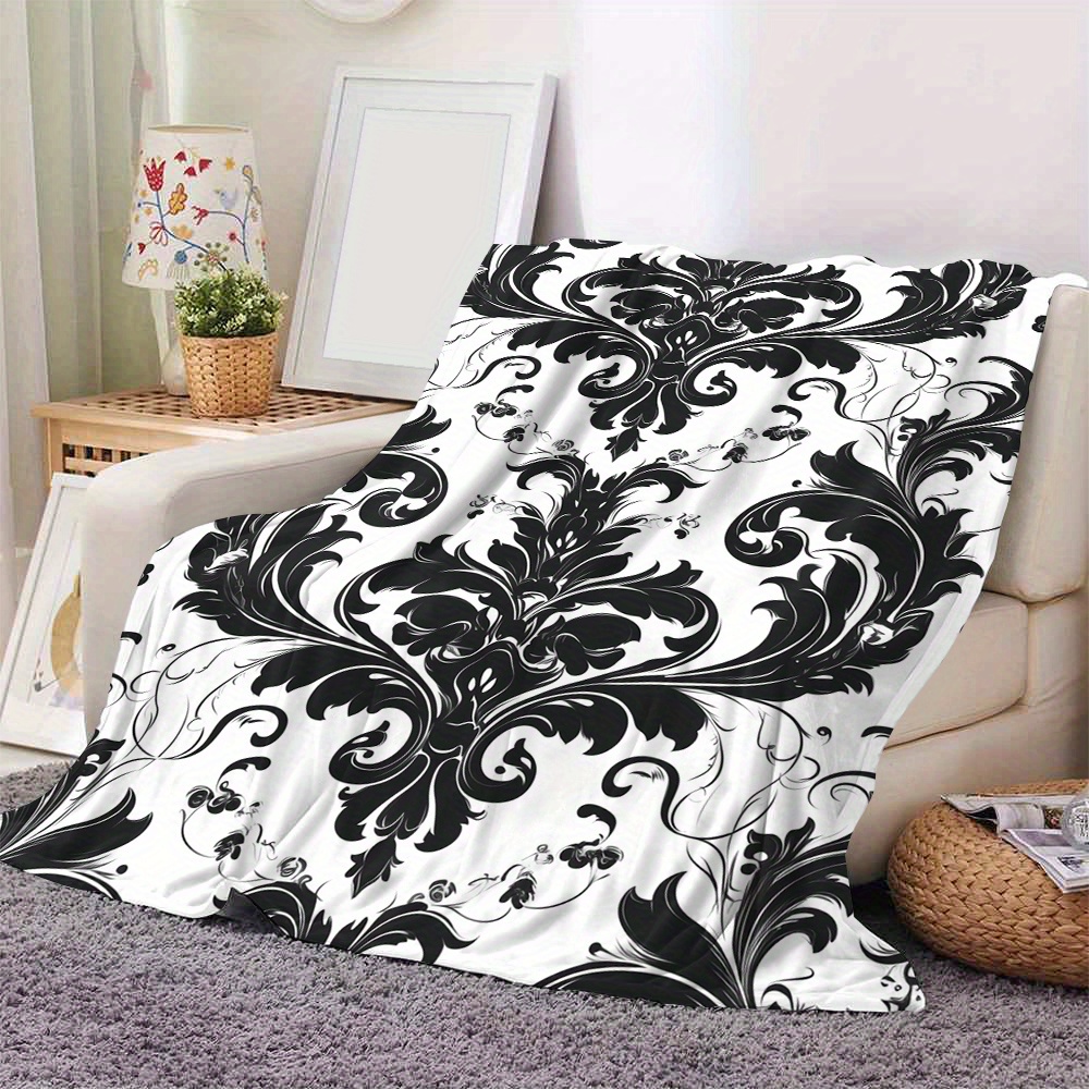 

Contemporary Black Floral Damask Digital Print Flannel Throw Blanket, All-season Cozy Polyester, Woven -sided Velvety Plush For Sofa, Bedding, Air Conditioning, Nap – Decorative & Functional