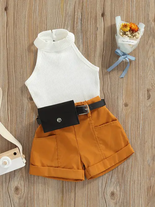 toddler girls 3pcs summer outfits sleeveless halter shorts waist bag set for outdoor