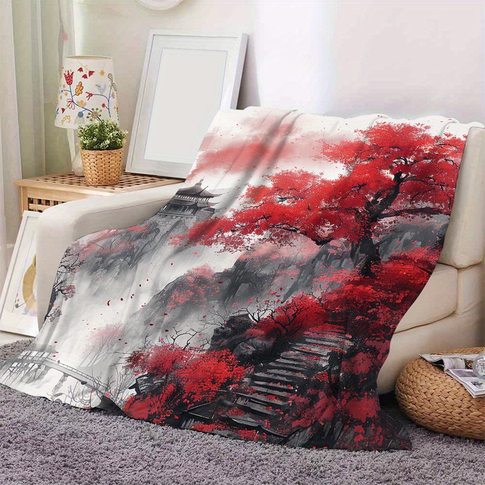 

Asian-inspired And Pagoda Scene Flannel Throw Blanket - All-season, Digital Print, Contemporary Style, 100% Polyester Woven Craftsmanship, 250-300g Lightweight Fabric, Ideal For Couch And Nap