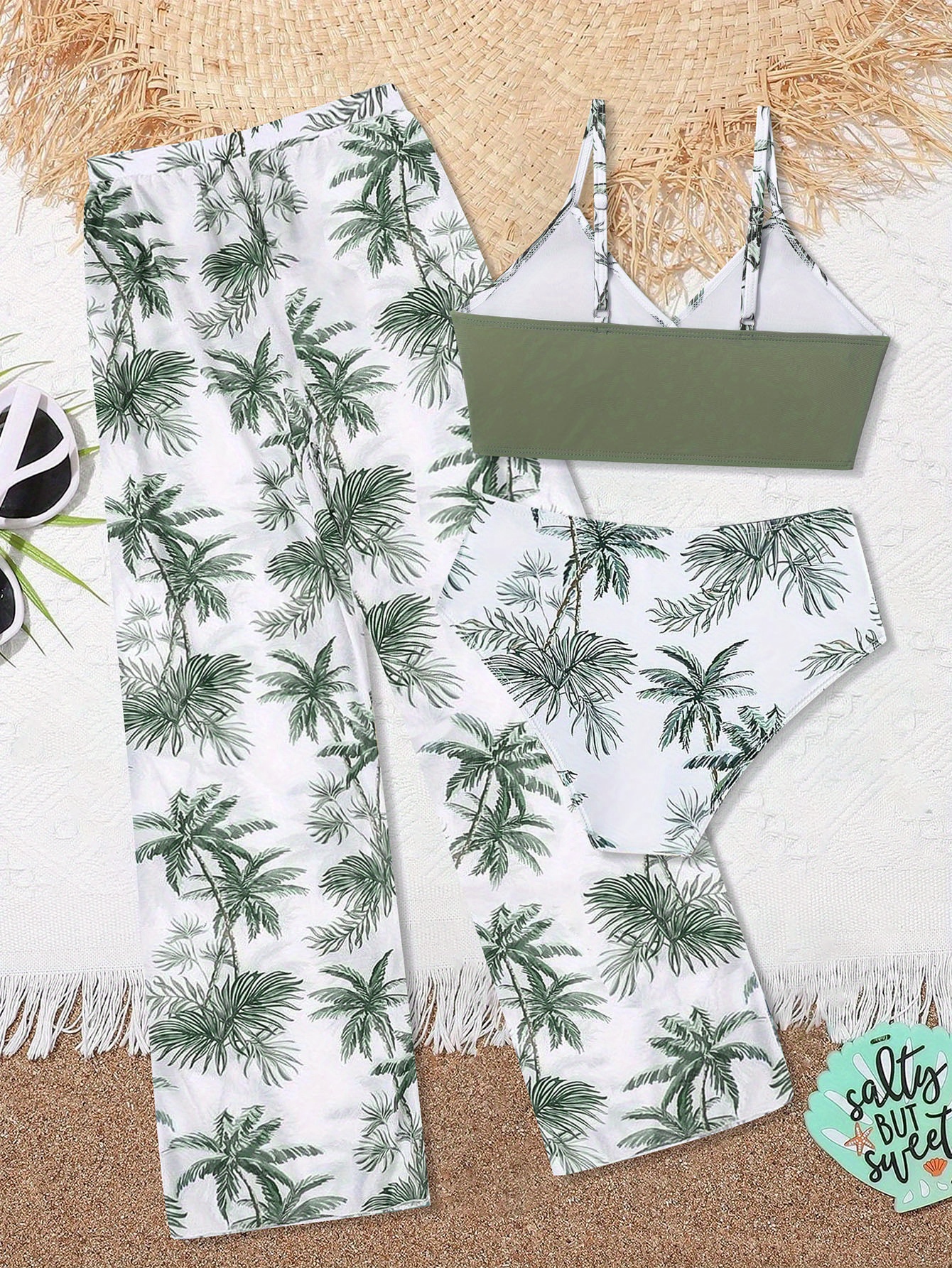 Girls Swimsuit Bikini Set 3 Piece Tropical Print Bathing Suit Quick Dry