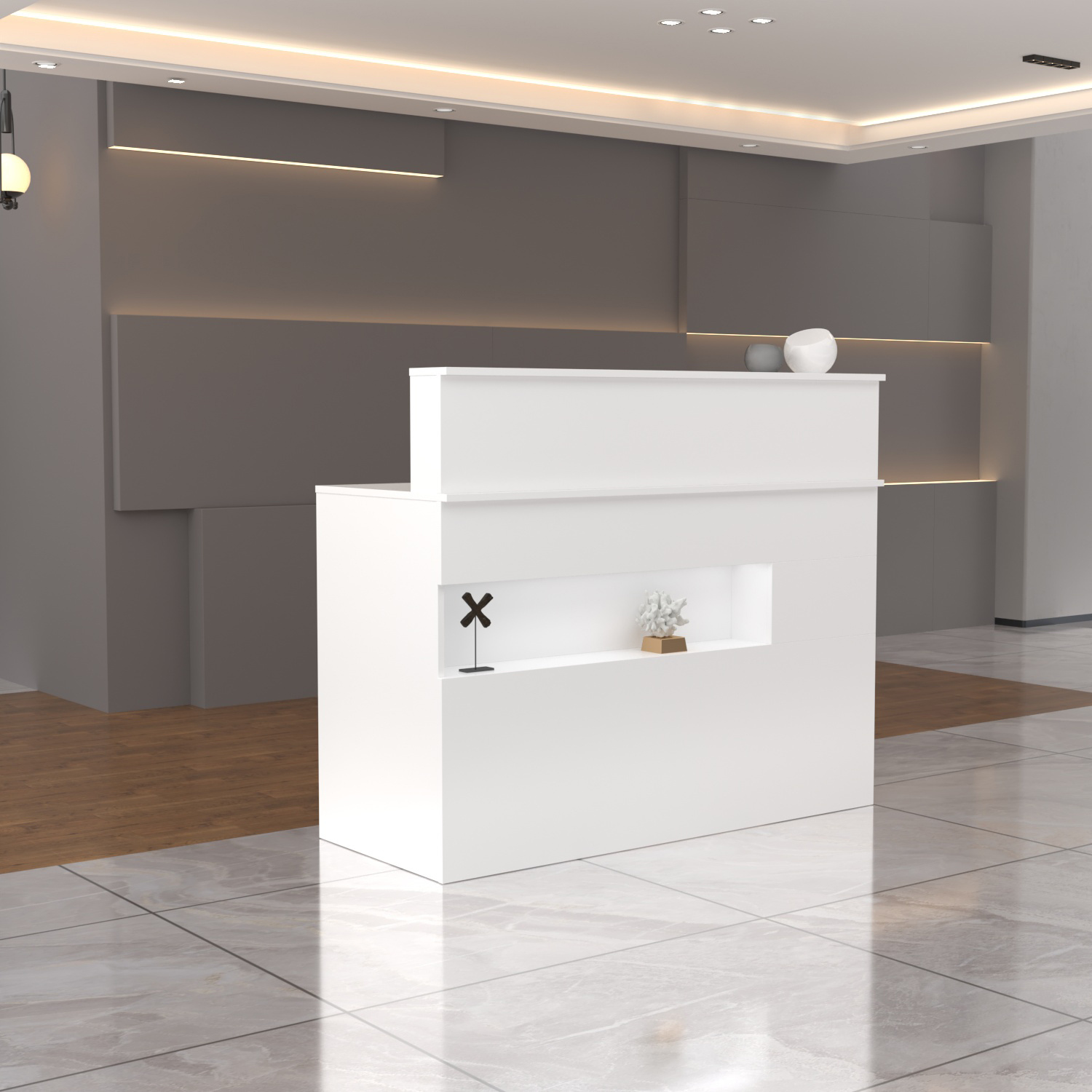 

Reception Desk With Counter, Retail Counter With Lighted Display Shelf And Lockable Drawers, For Salon, Reception Room, , Office