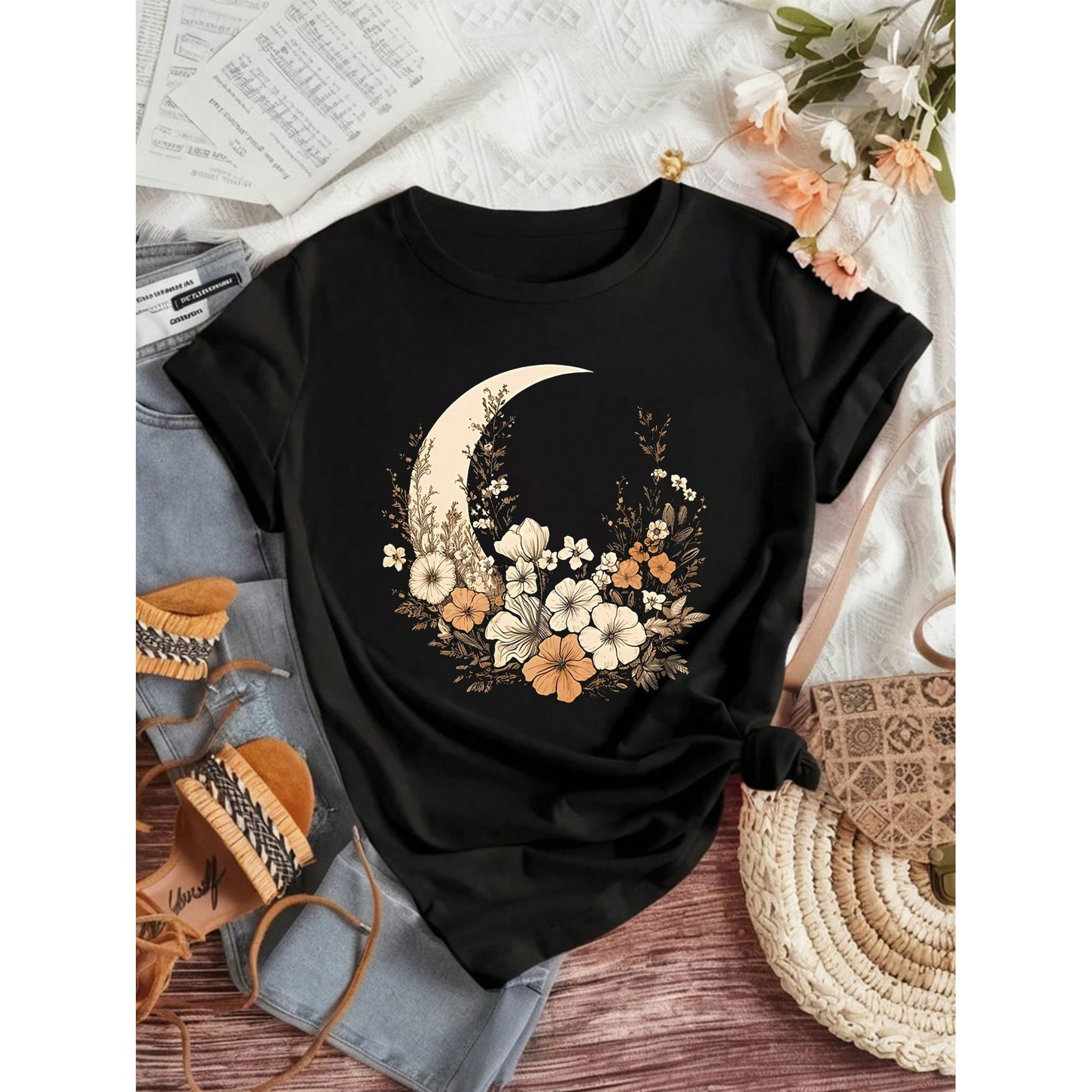 

Moon & Flowers Print Crew Neck T-shirt, Casual Short Sleeve T-shirt For Spring & Summer, Women's Clothing