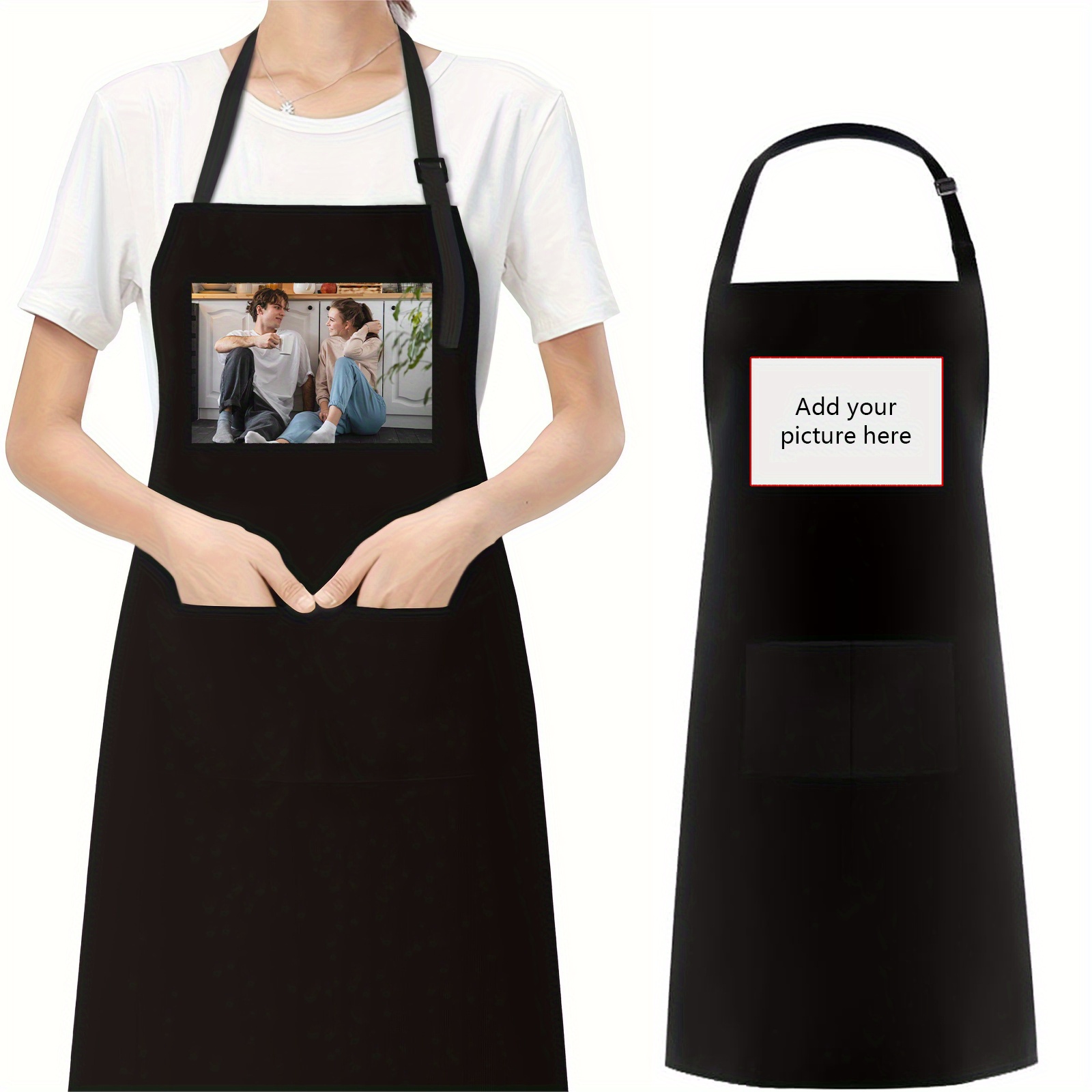 

Personalized Polyester Apron With 2 Large Pockets - Customizable With Logo Or Photo, Waterproof, Adjustable Tie, Unisex For Cooking, Bbq, Baking - 1pc
